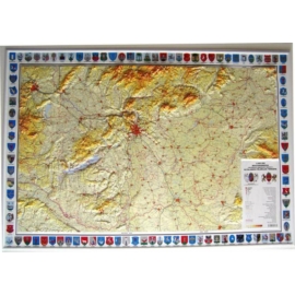 Magyarország általános földrajzi dombortérképe címerekkel